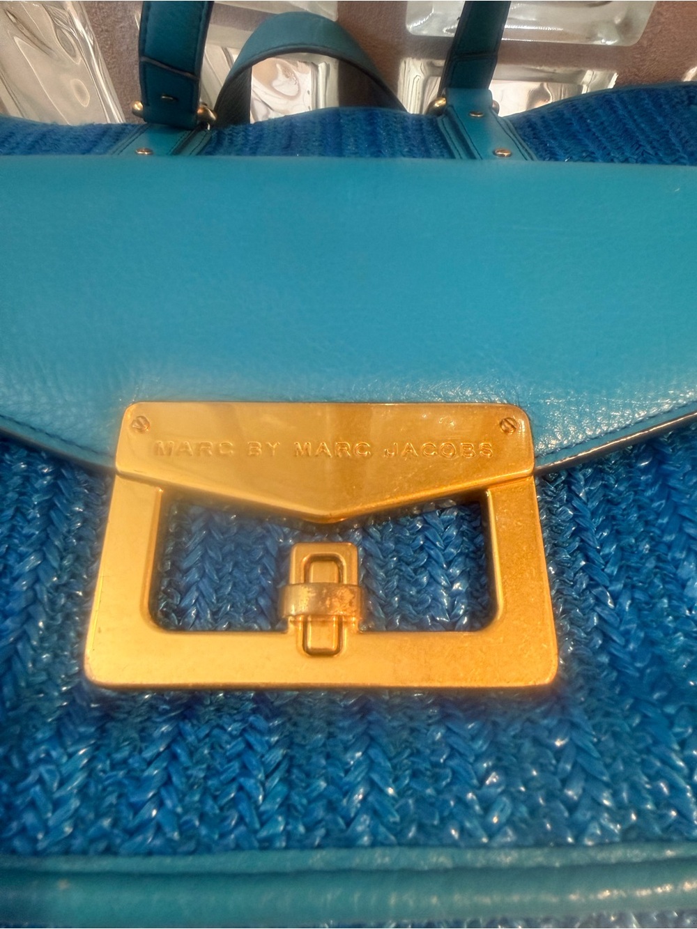 Marc by Marc Jacobs Hayley Straw/Leather Teal Blue Tote with Front Flap Pocket - Picture 3 of 17